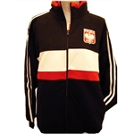 This warm, comfortable and stylish zip up jacket in black-as a main color- also has white and red stripes in the front, red collar and white stripes on the sleeves. It features The Crowned White Eagle in a red shield on the front left side and the word