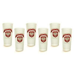 Boxed set of 6 frosted Polish shot glasses each featuring the Polish Eagle below the word Polska (Poland). Hand wash only. Made in Poland.