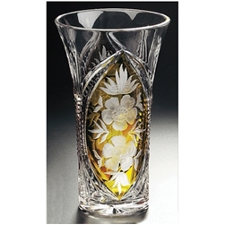 Amber colored cased crystal is a Polish specialty.  Hand blown, cut and polished from the "Julia" factory in Poland,  this beautifully shaped vase features flowers on two sides.