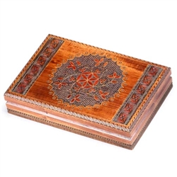 Very intricate carving and brass inlay on top and all 4 sides. Satin, 3-tone finish.