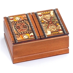 The king and queen of hearts decorate the top of this box. Lids open at center top and bottom of box with two compartments in each opening. The box can hold up to four standard sized decks of playing cards.