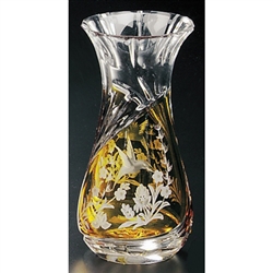 Amber colored cased crystal is a Polish specialty.  Hand blown, cut and polished from the "Julia" factory in Poland
This is genuine Polish hand-cut leaded crystal with a hummingbird and floral design.