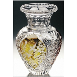 Amber colored cased crystal is a Polish specialty.  Hand blown, cut and polished from the "Julia" factory in Poland
This is genuine Polish hand-cut leaded crystal with a hummingbird and floral design on three sides.