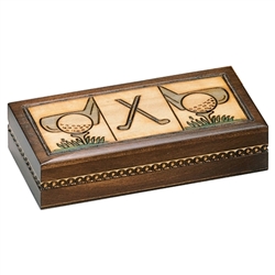 This cleverly designed box is sure to please any golfers you know.  It won't hold golf balls but makes a great storage area for jewelry and knick knacks. Hand burned designs.
