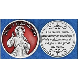 Red Enamel Devine Mercy Pocket Token  Sister Faustina Kowalska, a humble daughter of Poland, was Canonized by Pope John Paul II. Jesus told her "Humanity will not find peace until it turns with trust to God's Divine Mercy".