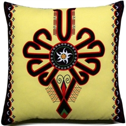 Beautiful stuffed folk design pillow. Design is the Parzenica and inside is the mountain flower, edelweiss (szarotka). 100% polyester and made in Poland. Back side of the pillow is solid black. Zipper on one side for convenient cleaning.