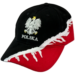 Stylish black and red cap with silver thread embroidery.  The front of the cap features a silver Polish Eagle with gold crown and talons. Features an adjustable cloth and metal tab in the back.  Designed to fit most people.