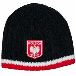 Display your Polish heritage!  Black stretch ribbed-knit skull cap with the word Polska (Poland) above the Polish Eagle. Easy care acrylic fabric.  Once size fits all.  Imported from Poland.