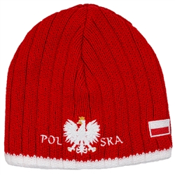 Display your Polish heritage!  Red stretch ribbed-knit skull cap, which features Poland's national symbol the crowned white eagle in white italic letters below.  Easy care acrylic fabric.  One size fits all.   Imported from Poland.