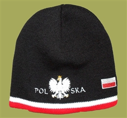 Display your Polish heritage!  Black stretch ribbed-knit skull cap with the word Polska (Poland) below the Polish Eagle. Easy care acrylic fabric.  Once size fits all.  Imported from Poland.