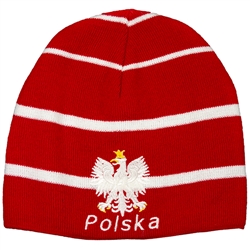 Display your Polish heritage! White with red striped stretch ribbed-knit skull cap, which the Polish emblem under the word "Polska" (Poland). Easy care acrylic fabric. One size fits most. Imported from Poland.