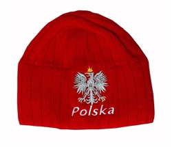 Display your Polish heritage!  Red stretch ribbed-knit skull cap, which features Poland's national symbol the crowned eagle above the word Polska (Poland).  Easy care acrylic fabric.  One size fits all.   Imported from Poland.