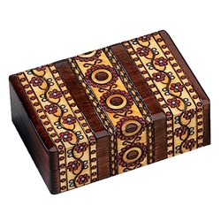 Three ornate bands on top and front. Walnut finish with multicolored designs.