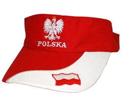 This attractive visor feature the word POLSKA (Poland) embroidered on the front directly below the Polish Eagle..  Features an adjustable  Velcro tab in the back.  Designed to fit most people.