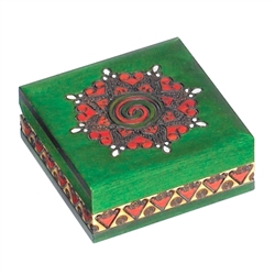 This colorful box features a spiral, star and heart design accented with silver paint.