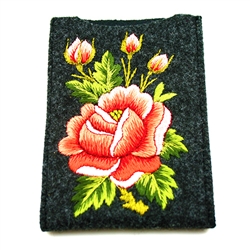 Soft dark grey felt sewn case with hand Lowicz styl embroidered flowers on one side. Beautiful and functional. . Designed to fit standard cell phones. Size - 3.25" x 5.25" - 8cm x 13cm - Interior size 3" x 4.75" - 7.5cm x 12cm. The IPhone measuring 3" x 4