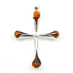 Sterling Silver Cala Lily Amber Cross Pendant.  Size approx 1.75" x 1".