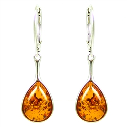 Honey Amber Teardrop Earrings, with a sterling silver saftey-closure loop. Amber is soft, only slightly harder than talc, and should be treated with care.