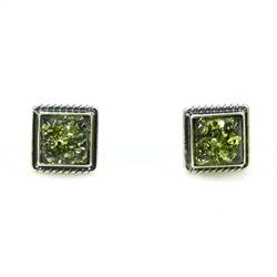 Large Square Green Amber Earrings With Roping Detail