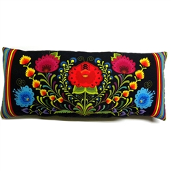 Beautiful stuffed folk design pillow. 100% polyester and made in Poland. Back side of the pillow is solid black. Zipper on one side for convenient cleaning. Size 25 x 60 cm - 10" x 24"