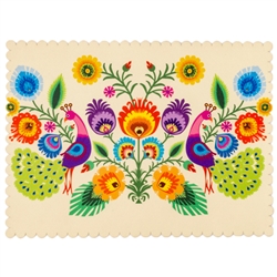 Die cut with scalloped edging and plasticized on top this gorgeous cloth place mat features a beautiful example of a Polish paper cut (wycinanka)
