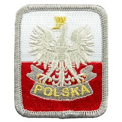 Embroidered white eagle on a red and white background with Polska (Poland) on a lower scroll.