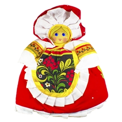 Gorgeous hand made cloth tea cozy made in Russia.  Our Russian maiden is dressed in a traditional folk costume and fits nicely over most teapots.  This doll is completely handmade. The head is a hand painted wood plaque.