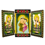 Beautifully carved and painted triptych by folk artist Ela Swiderek.  The Madonna and child are flanked by angels in traditional Lowicz costumes.  Ready to hang.  Signed and dated (2013) by the artist.