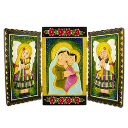 Beautifully carved and painted triptych by folk artist Ela Swiderek.  The Madonna and child are flanked by angels in traditional Lowicz costumes.  Ready to hang.  Signed and dated (2013) by the artist.