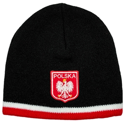 Display your Polish heritage! Black stretch fine knit skull cap with the word Polska (Poland) above the Polish Eagle Crest. Easy care acrylic fabric. Once size fits most. Imported from Poland.