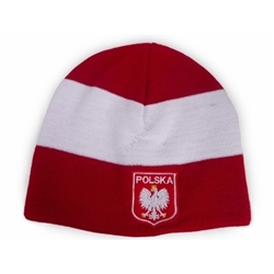 Display your Polish heritage! White with red striped stretch fine knit skull cap, which the Polish emblem under the word "Polska" (Poland) on a crest.  Easy care acrylic fabric. One size fits most. Imported from Poland.