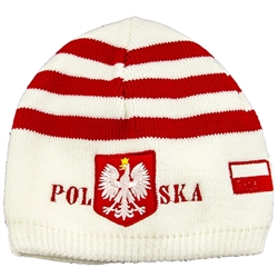 Display your Polish heritage!  White stretch ribbed-knit skull cap, which features Poland's national symbol the crowned eagle between the word Polska (Poland).  Easy care acrylic fabric.  One size fits all.   Imported from Poland.