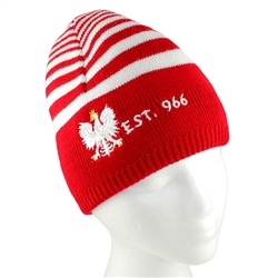 Display your Polish heritage! Red and white stretch ribbed-knit skull cap, which features Poland's national symbol the crowned white eagle next to Est. 966, the date the Polish state was established.  Easy care acrylic fabric. One size fits most.