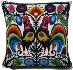 Beautiful stuffed folk design pillow. 100% polyester and made in Poland.  Back side of the pillow is solid black.  Zipper on one side for convenient cleaning.