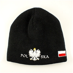 Display your Polish heritage! Black stretch ribbed-knit skull cap with the word Polska (Poland) below the Polish Eagle. Easy care acrylic fabric. Once size fits most. Imported from Poland.