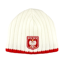 Display your Polish heritage!  Red and white stretch ribbed-knit skull cap, which the Polish emblem under the word "Polska" (Poland).  Easy care acrylic fabric.  One size fits most.   Imported from Poland.