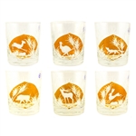 Stunning set of 6 Polish Hand-Cut Lowball Glasses depicting outdoor wildlife scenes.  The scenes include deer, boar, wolf, grouse, elk and hares in the wild.  Great gift for that special person who loves the outdoors.