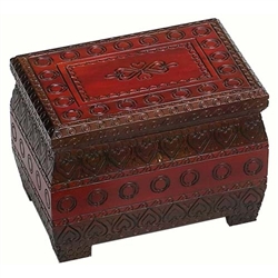 This box has an intricately carved pattern over the entire box. A two-tone stain decoration brightens the box and a lock and key secures the lid.