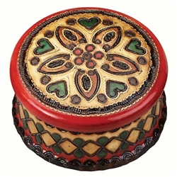 Brass inlaid, brightly colored, hand burned and stained. Lacquered finish. Removable top.