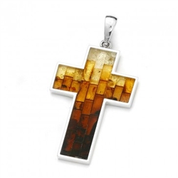 Stunning pendant with multi-color mosaic amber. The process to create this amber mosaic is quite unique. See the video below.