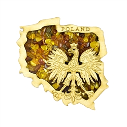 Hand made of wood and filled with amber this very attractive magnet features the Polish Eagle. the national emblem of Poland inside the map outline of Poland.