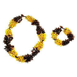 Set includes a 21.5" - 54.5cm long necklace and 8.5" - 21.5cm long matching bracelet.  Both necklace and bracelet contain 5 strands of amber.  Composed of cherry and honey amber.  The honey amber appears lighter in our picture than actual.