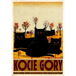 Polish poster designed by artist Ryszard Kaja to promote tourism to Poland. Small but beautifully named mountains in Poland, Kocie Gory, Cat Mountains in English. It has now been turned into a post card size 4.75" x 6.75" - 12cm x 17cm.