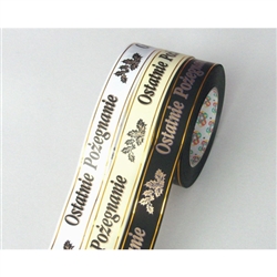 Polish funeral ribbon for floral arrangements, patriotic displays, etc. Polypropylene waterproof ribbon is perfect for both indoor and outdoor use. Made In Poland. 50 yard roll. Only one color available at this time.