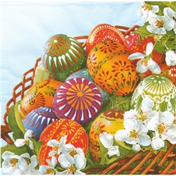 Polish Folk Art Luncheon Napkins (package of 20) - "Basket Of Pisanki" - Folk Easter Eggs. Three ply napkins with water based paints used in the printing process.