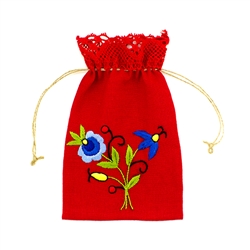 Beautiful embroidered Kashubian design red linen pouch made from Polish linen. Draw string closure. Floral designs vary.