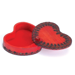 This vibrant heart shaped box has a carved border design and a lid that swivels open to access the box compartment.