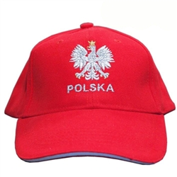 Stylish red cap with silver and white thread embroidery. The front of the cap features a silver Polish Eagle with gold crown and talons. Features an adjustable cloth and metal tab in the back. Designed to fit most people.