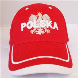 Stylish baseball cap displaying the Polish colors of red and white with detailed embroidery work. The front of the cap has an embroidered Polska superimposed over the Polish Eagle.. The back has and embroidered Polish flag. Adjustable Velcro tab. Designed