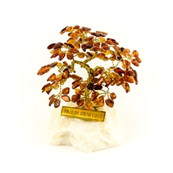 The leaves of this bonsai style tree are made with real polished amber stones attached to branches and trunk of twisted brass wire. The tree sits atop a piece of the finest Polish marble called "Marianna". Brass tags are available in either English or Pol